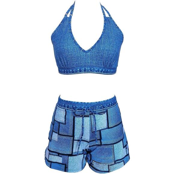 NWOT No Brand Denim Patches High Waisted Halter Bikini Shorts Women's Size Small - Picture 1 of 12